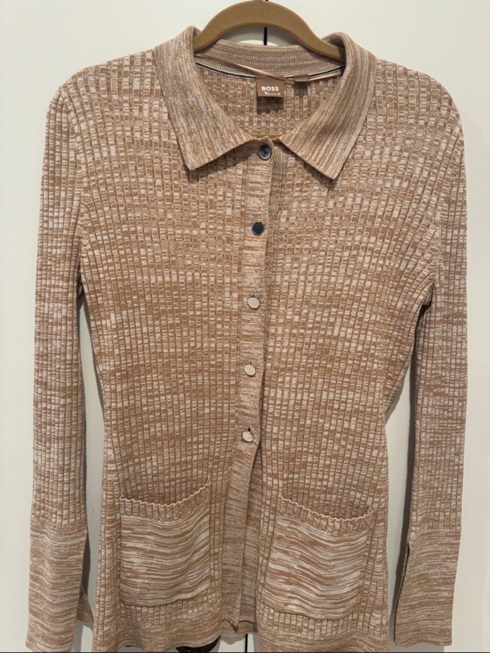 Boss Beige and Cream Ribbed Button-Up Cardigan